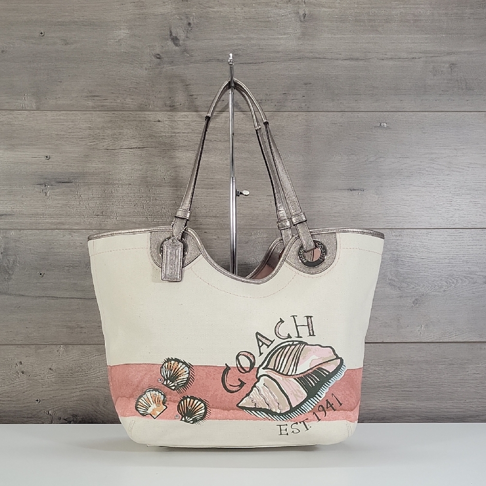 Coach Canvas Tote with Pink Stripe and Seashell Motif Tote Shoulder Bag F19273